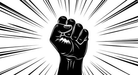 A black fist raised high in a symbol of protest, a concept of power, strength, and defiance in a comic book style.