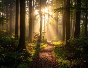 Obraz premium Sunbeams in a misty forest path