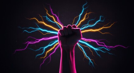 A clenched fist radiating vibrant energy bursts, symbolizing power and strength.