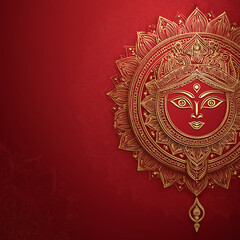 Elegant Sharad Navratri Background with Durga Face Illustration and Golden Mandala on Red Backdrop