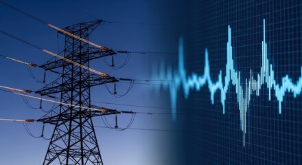 A tall electricity pylon stands against a dark blue sky, with a blue waveform overlaid on the right side