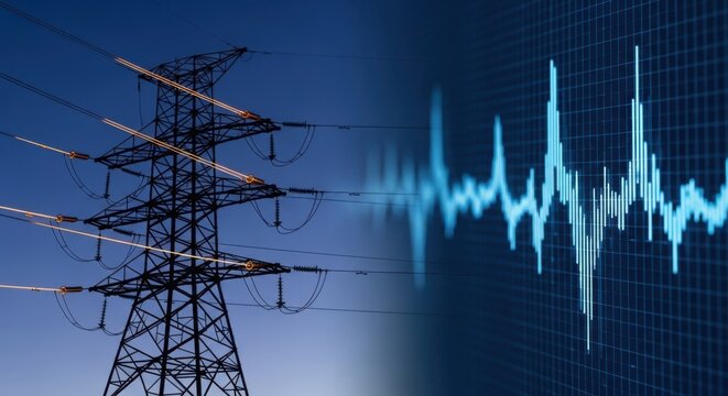 A tall electricity pylon stands against a dark blue sky, with a blue waveform overlaid on the right side