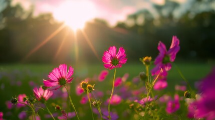 A vibrant cosmos flower blooming in a sunlit green field, radiating natural beauty and tranquility.
