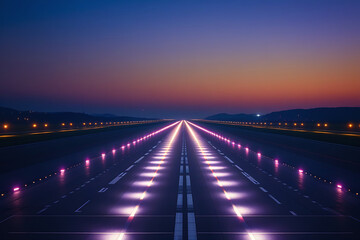 Obraz premium Calm Nighttime Photo of Airport Runway Flanked by Bright Lights and Distant Hills