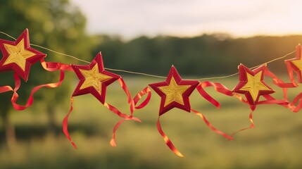 Red and yellow star-shaped lanterns glow against a golden sunset, with delicate silk ribbons fluttering in the breeze.
