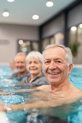 Fototapeta premium Three elderly people enjoying a swim together in an indoor pool, smiling and relaxed.