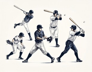 Baseball players in various batting and fielding positions