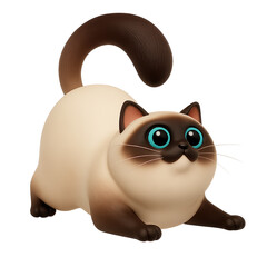 Cute 3D cartoon siamese cat with bright blue eyes in playful pose, isolated on white background, ideal for children&rsquo;s books, games, and digital stickers.

