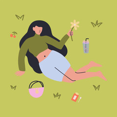 Woman relaxing in the park on a picnic. Girl on the lawn with a snack and bubble tea. Vector illustration design
