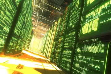 Futuristic Server Room Data Center with Green Glowing Lights and Technology Information
