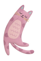 Cute flat pink cartoon cat plush toy with closed eyes, smiling face, and dotted tail, isolated on white background, perfect for kids room decor, nursery prints, and soft toy illustrations.
