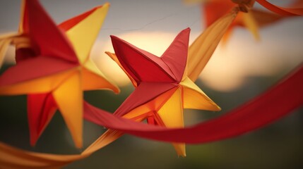Red and yellow star-shaped lanterns glow against a golden sunset, with delicate silk ribbons fluttering in the breeze.
