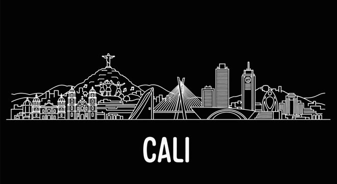 Cali with Colombia Skyline Modern Architectural Outline Against Black Background.