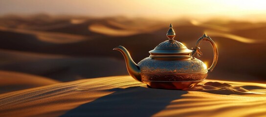 Exquisite oriental gold teapot resting in desert dunes. 