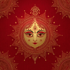 Elegant Sharad Navratri Background with Durga Face Illustration and Golden Mandala on Red Backdrop
