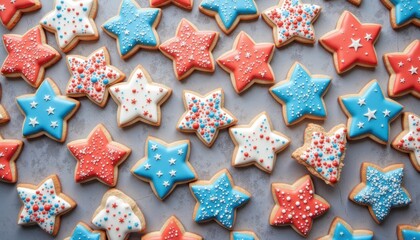 Star-shaped cookies decorated in red, white, and blue for American Flag Day
