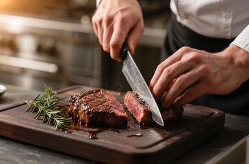 Chef’s hands slicing steak on wooden board, stainless kitchen background, culinary photography for premium food visuals