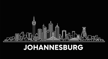 Obraz premium Johannesburg Cityscape White Line Art on Black Background with South Africa.