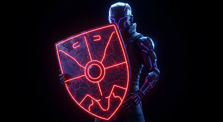 Futuristic robot holding glowing shield in dark environment