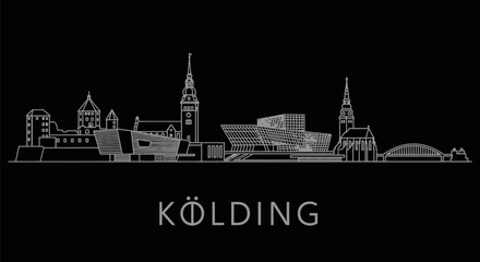 Fototapeta premium Kolding with Denmark Skyline Minimalist Line Art Silhouette on Black Background.