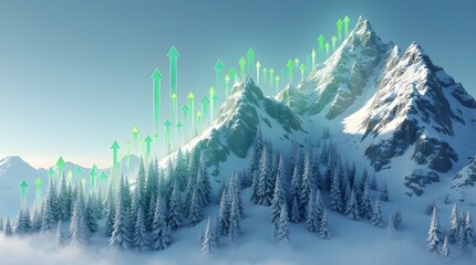 Head and shoulders reversal in mountain chart with green arrow avalanche breaking neckline, binary snow particles spell out bullish breakout