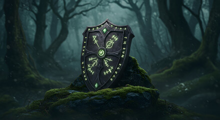 mystical shield adorned with ancient symbols stands in foggy forest