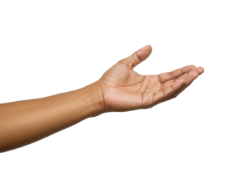 An adult human hand with light brown skin, open palm, and slightly spread fingers, forearm entering from lower left, against a transparent studio background with even lighting and no shadows,