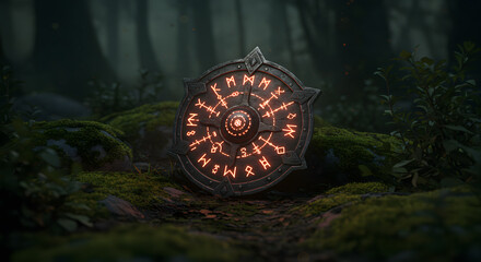 Ancient shield with glowing runes in mystical forest setting