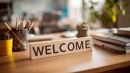 Friendly Welcome Sign on Modern Office Desk Business Environment Professional Content Inspiring Work Space