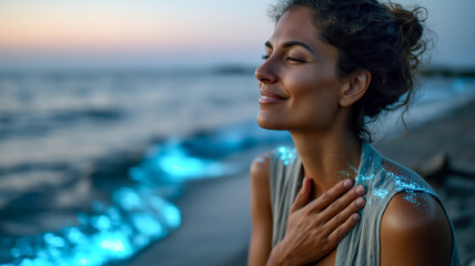 Woman by the Ocean: A woman finds tranquility by the bioluminescent shore, feeling the peace of the evening.