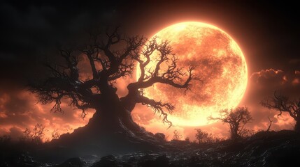 Blood Moon, Silhouette Tree, Night Sky