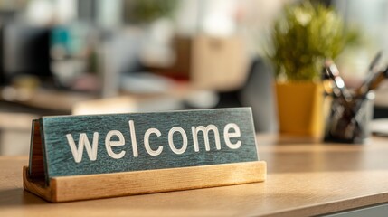 Modern Office Welcome Sign on Desk Friendly Workspace Professional Environment Contemporary Design Close-Up View