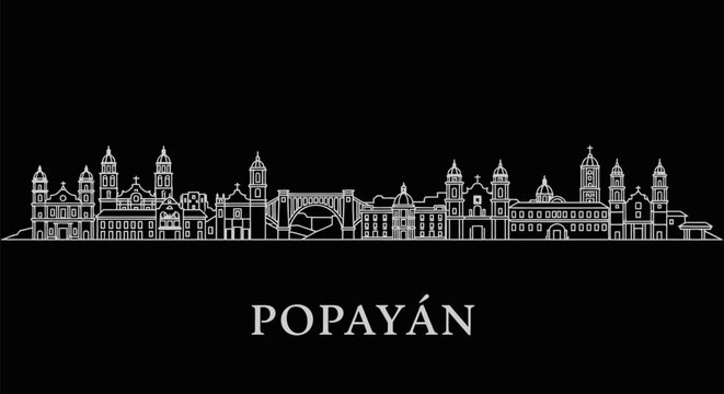 Popayn with Colombia, Skyline White Line Art on Black, and Cityscape Illustration.