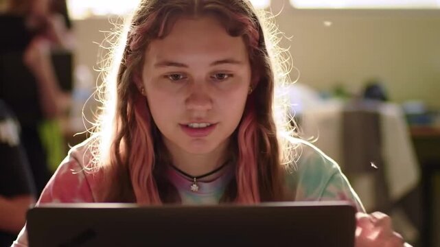 Teenage Girl Learning Python on Laptop in Summer Camp