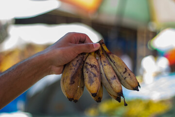 A man is holding some banana, and the photos behind it are blurry.