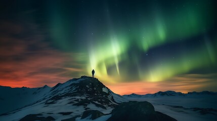 A lone hiker stands on a mountain peak under a sky ablaze with swirling auroras, the colors lighting up the rocky terrain and casting a magical glow over the silent wilderness. 