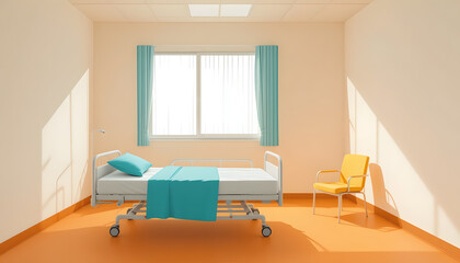 bright and clean hospital room featuring bed, chair, and window