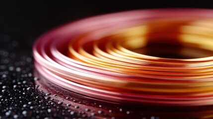 Colorful rings stacked in concentric circles, with water droplets