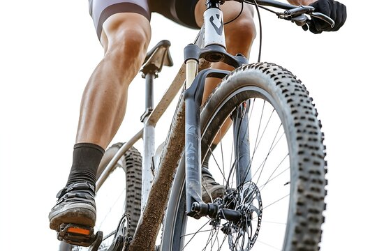 Muscular cyclist riding mountain bike on a trail, low angle shot, extreme sport concept