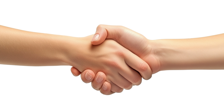 Close-up of human hands in handshake symbolizing cooperation isolated on white transparent background