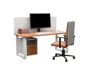 Modern office setup featuring stylish desk, ergonomic chair, and computer monitor, creating productive workspace