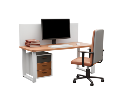 Modern office setup featuring stylish desk, ergonomic chair, and computer monitor, creating productive workspace