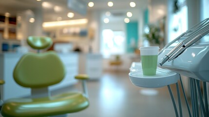 Dental office interior, waiting room,  green chair, drink