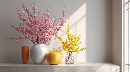A vase with flowers on a table decorated for Easter with yellow eggs and a spring theme
