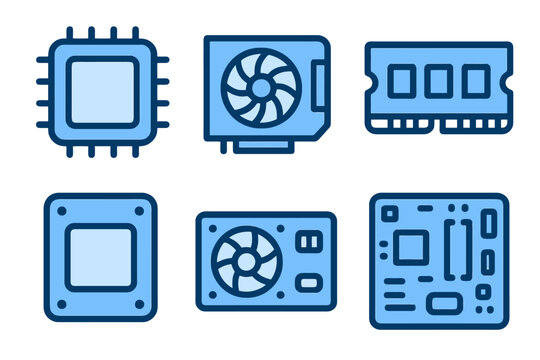 Cartoon vector hardware set with CPU, GPU, RAM, SSD, PSU and motherboard in blue tones. Isolated icons for UI or stock design.