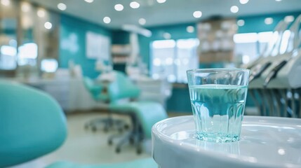 Dental office interior, water glass