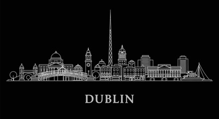 Obraz premium Dublin Skyline Minimalist White Outline on Black Background Modern Dublin.