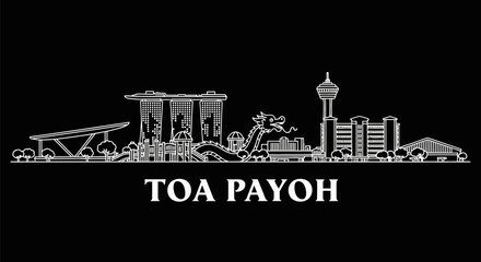 Fototapeta premium Toa Payoh Skyline Singapores Heartlands White Outline on Black.