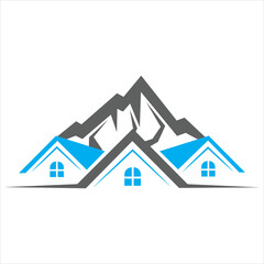 Modern housing logo with blue rooftops and gray mountain peaks