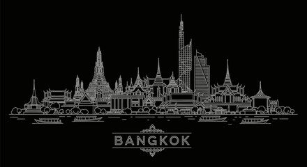 Naklejka premium Bangkoks Skyline Minimalist White Outline on Black with Thailand.